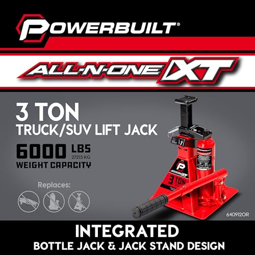 Image of POWERBUILT 3 Ton All-in-One Hydraulic Bottle Jack and Jackstand in One, Compact, Wide Base, 11-21 Inch Range, Eliminates Jackstands, for Trucks, SUVs, RVs, Trailers, ASME, Not for Sedans - 640912