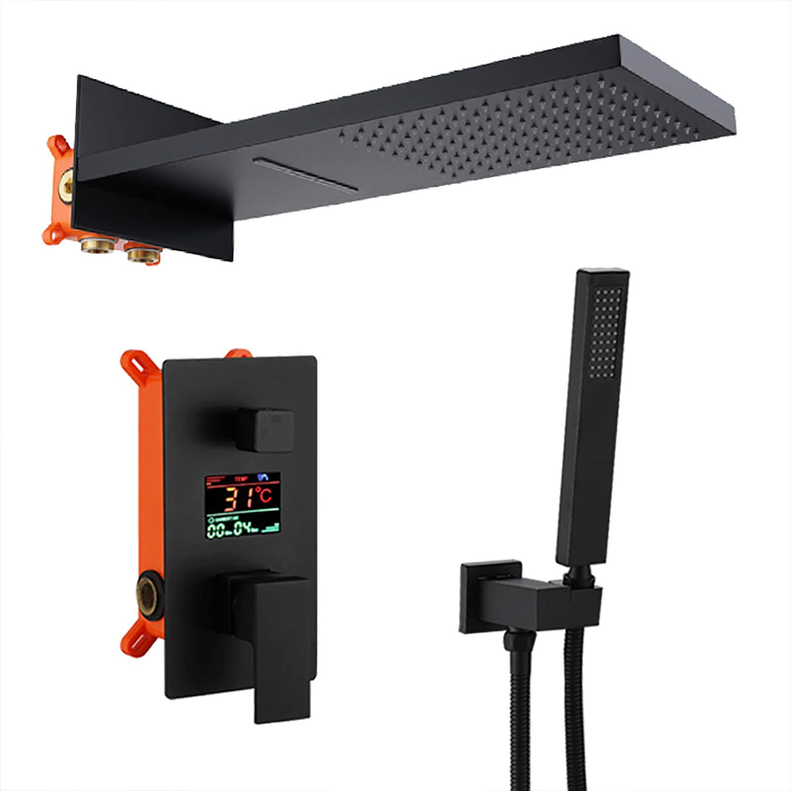 Set doccia con display digitale, montaggio a parete, con soffione in acciaio inox, doccetta, scatola integrata