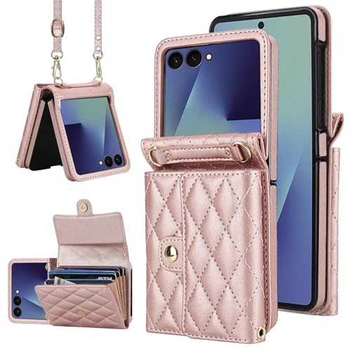 Image of Phone Case for Samsung Galaxy Z Flip 7, Crossbody Wallet Phone Cover with Card Holders Cash Slot Wristlet Strap, Fashion Leather Handbag Flip 7 Phone Case for Women Girls Rose Gold