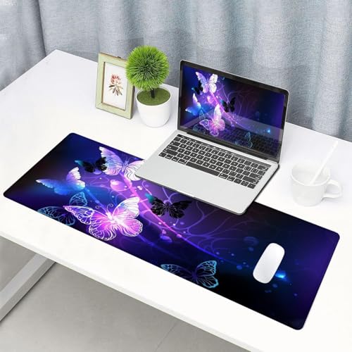 Image of Glowing Night Butterflies Gaming Mouse Pad, Large 800x300x2mm Extended Waterproof Mouse Mat with Stitched Edge, Non-Slip Rubber Base,Desk Mat for Gaming, Work, Office & Home,1 Pc
