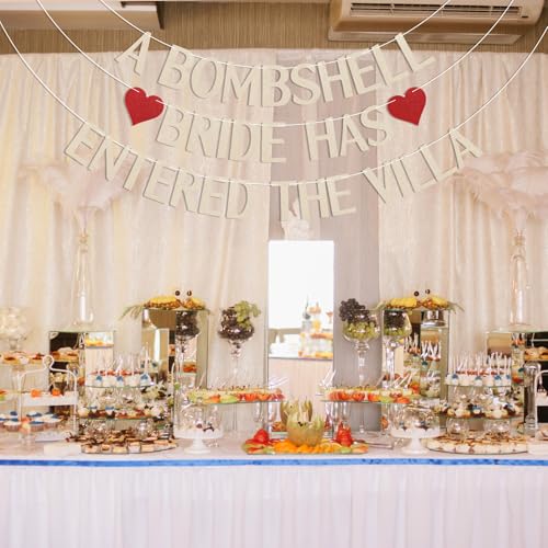 Image of A Bombshell Bride Has Entered The Villa Banner, Bombshell Villa Bridesmaid Party Decor, Island Bach Weekend Decor, Love Themed Island Bachelorette Party Decorations Champagne Gold