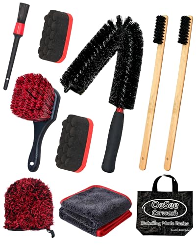 oesee 10PCS Engine Bay Cleaning Kit Professional Under Hood Detailing Tools with Long Bendable Brush & Natural Bamboo Horsehair Brush Applicators Towel for Car Truck