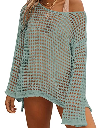 Bsubseach Crochet Crop Tops for Women Bathing Suit Cover Ups Sexy Hollow Out Swim Cover Up Knit Summer Outfits Grey Green