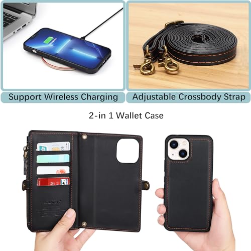 DKDKSIP for iPhone 13 Wallet Case for Women, Support Wireless Charging with RFID Blocking Card Holder, PU Leather Wallet Detachable Magnetic Phone Case Crossbody Strap, Black - Thumbnail 4
