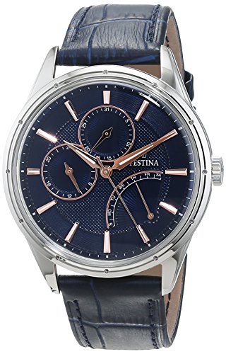 Festina Herren Uhr Analog mit Blauem Lederarmband - Quarzwerk - Mineralglas mit hoher Widerstandsfähigkeit - Elegant - Multifunktion F16974/2 Special Prices