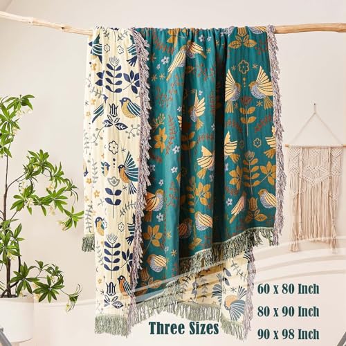 Image of XIBLC Boho Throw Blanket, 100% Cotton Ultra Soft Luxury Throw Rustic Quilt, 90 inchx98 inch Floral Printed Farmhouse Decor Bed Summer Blankets, All Season Rustic Reversible Bohemian Throw for Bed - Blue