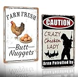 2 letreros divertidos de pollo vintage de metal de gallinero, letrero de