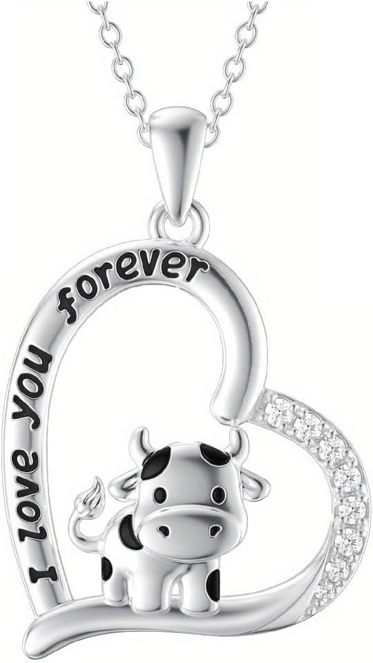 Caiyao Cute Cow Pendant Necklace Heart Shape I Love You Forever Necklace Calf Animal Lovers for Women Best Friend Gift