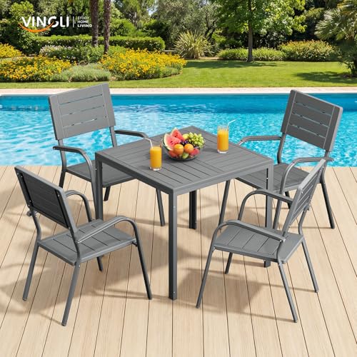 Image of VINGLI Outdoor Patio Dining Chairs, Stackable HDPE All-Weather Arm Chairs, Weatherproof Outdoor Seating for Garden, Backyard, Poolside, Balcony,Grey (4 Pack)
