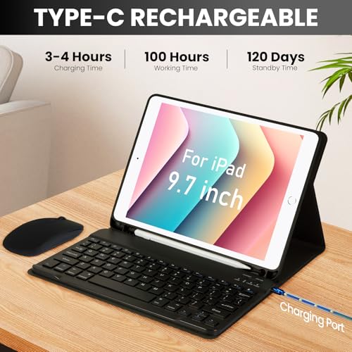 Image of SOPPY Bluetooth Keyboard Case with Mouse for iPad 6th /5th Generation, iPad Pro 9.7-inch, Air 1 /2, Detachable Wireless Keyboard with Pencil Holder, Slim Protective Cover, Rechargeable, US - Black