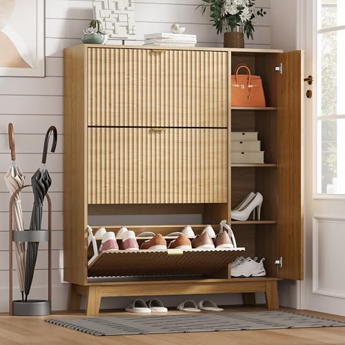 Image of Shoe Cabinet Storage for Entryway with 3 Flip Drawers & Side Cabinet, Fluted Narrow Shoe Organizer with Wooden Leg, Freestanding Shoe Storage Hidden Shoe Rack Organizer for Front Door Entrance, Oak