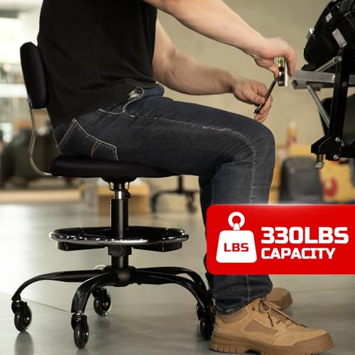 Image of Rolling Shop Stool with Wheels, Garage Mechanic Stool Chair with Backrest, Height Adjustable Heavy Duty Swivel Task Chair, Adjustable Footrest with Storage Tray for Garage Kitchen Salon Tattoo (Black)