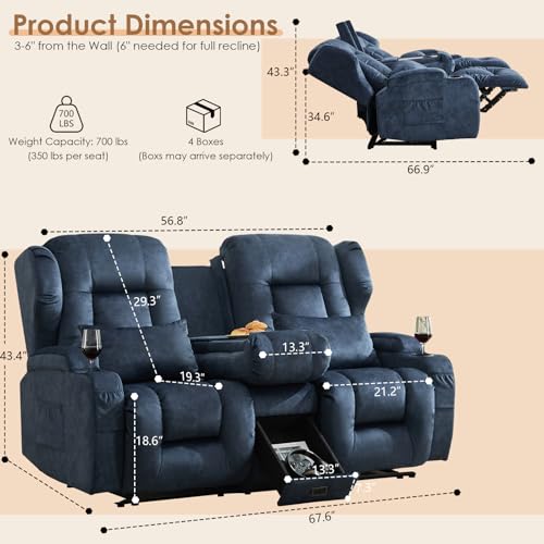 Image of SAMERY 67.6 inch Loveseat Recliner Sofa | Double Recliner Sofa & Console | Wall Hugger Loveseat Reclining RV Theater Seats | RV Couch Home Theater Seating Furniture (Velvet Blue)