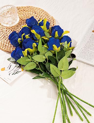 DuHouse 10pcs Artificial Silk Roses Flowers Single Long Stem Fake Rose Bouquet for Wedding Home Party Decoration Centerpieces(Royal Blue) - Image 3