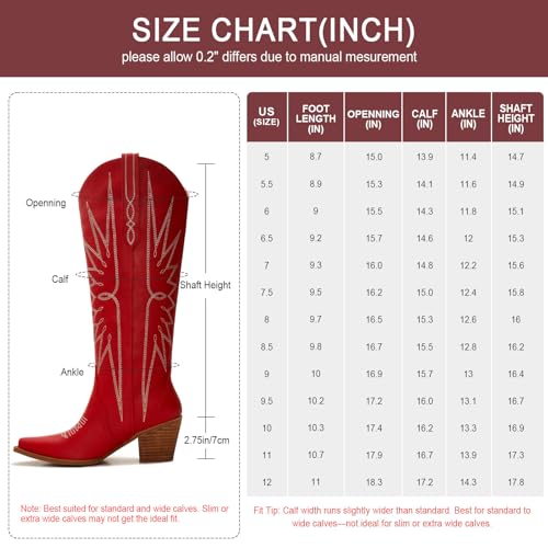 Wide Calf Cowboy Boots for Women – Western Knee High Cowgirl Boots, Snip Toe Pull-On Style, 3" Wood-Grain Block Heel, Classic Embroidered Pattern2