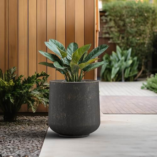 Image of Kante Large Round Curved Vintage BRN Concrete Planter 16.5 inch Dia, Outdoor | Rubber Plug for Indoor, Drainage for Garden, All-Weather Cement Tree Pot, Handcrafted, Anti-Frost & UV, Modern Home Decor