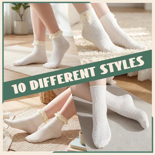 Image of Shyyween 10 Pairs Cute Socks Women's Lace Ruffles Ankle Casual Flower Frilly Fancy Cotton Cottagecore Floral Mid Tube Socks