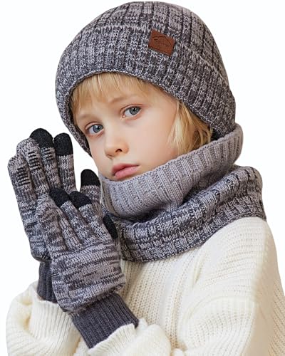Image of Kids Winter Hat Gloves Scarf Set,Mixed-color Beanie hat Knit Neck Fleece Lining Touchscreen Gloves for Girls Boys 4-10Y