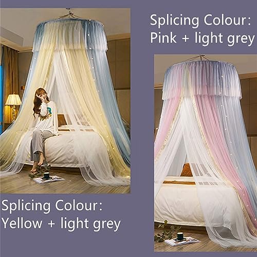 Mosquito Net Bed Canopy with Lights Princess Bed Netting Canopy for Bedroom Decoration Double Layer Round Dome Canopy Bed Curtains,Pink