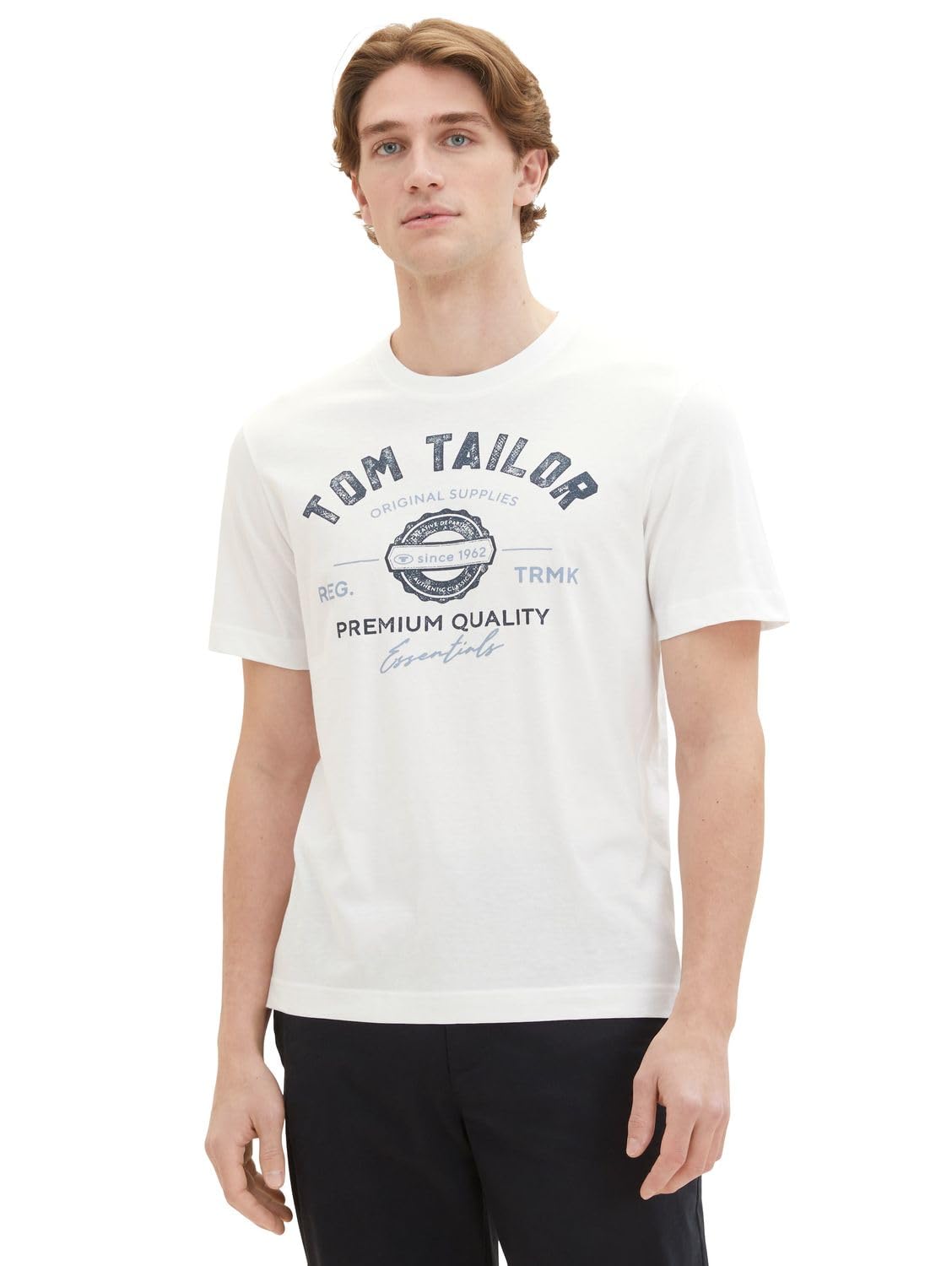 TOM TAILOR Herren T-Shirt mit Logo-Print aus Baumwolle, White, M