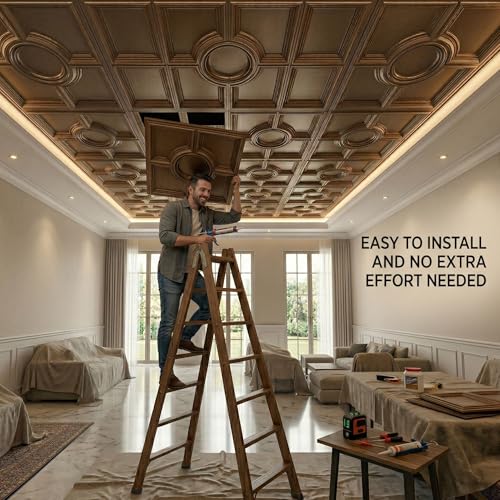 Image of Kayra Decor PVC Ceiling Panel 60x60 cm|Regal Medallion Panel|Metallic Coffee|50 Tiles Cover 200 Sq Ft| Modern False Ceiling|Royal & Elegant Finish