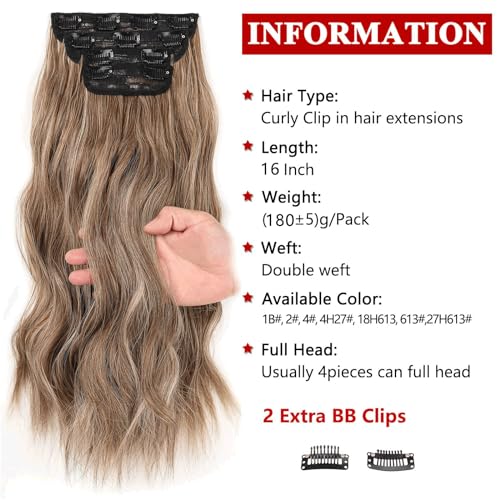 Xtrend 16 Inch Long Wavy Clip in Hair Extensions - Full Head Set, Thick Curly Wavy Synthetic Hair Pieces (8AH18) - Image 2