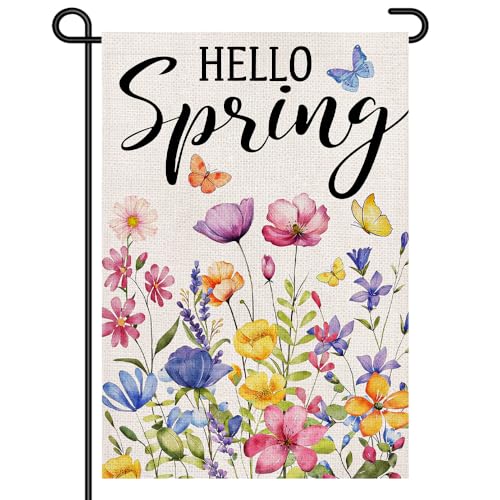 Hello Spring Garden Flag 12x18 Inch Small Double Sided Yard Sign Colorful Wildflower Floral Welcome Outdoor Spring Porch Decor DF1093