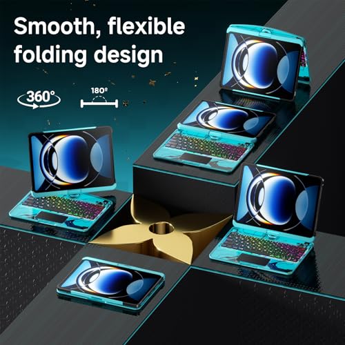 Image of Clear Keyboard Case for iPad Air 11 Inch (M4 /M3 /M2, 2026 /2025 /2024) / iPad Air 5th /4th Generation 10.9 inch / iPad Pro 11 inch 1st /2nd /3rd /4th, Trackpad, Pencil Holder, 7-Color Backlit, Rotatable,Blue