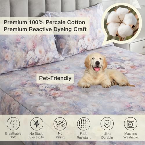 Image of Vintage Floral Percale Sheets, Queen 100% Cotton Shabby Chic Sheet Set, Soft Crisp Purple Flower Bed Sheets, Cozy House Bedding, Deep Pocket Fitted Sheet, White Pink Rose Patterned, 4Pcs
