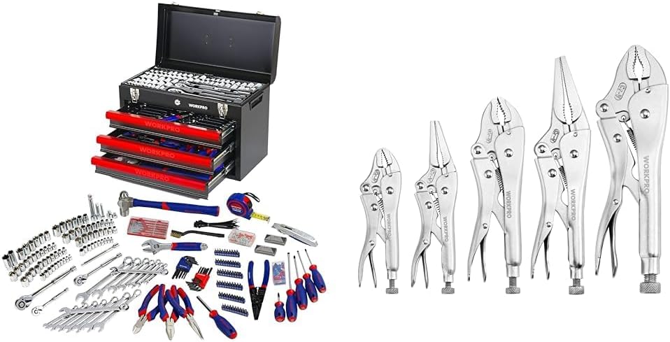 408-Piece Mechanics Tool Set, General Household Home Repair Tool Kit & 5-Piece Locking Pliers Set, Pliers Tool Set, Vice Grips with Chrome-Vanadium Steel, 5/7/10 inch
