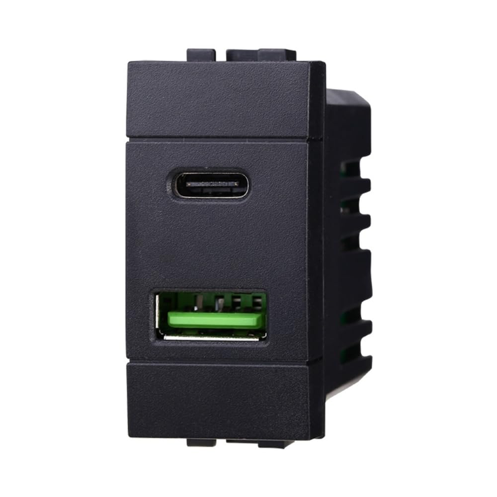 Módulo Toma Cargador Doble USB 2 Puertos, 3.1A USB-c + U SB A, Color Negro Compatible con Bticino Living Light/International 1 Unidad
