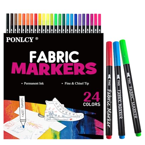 PONLCY Fabric Paint Markers Pen Permanent for T-shirts Clothes Canvas Bags Hats Shoes Tote, 24 Colors, 2mm Fine Tips, DIY Graffiti Art Marker Set for Kid Birthday Gifts