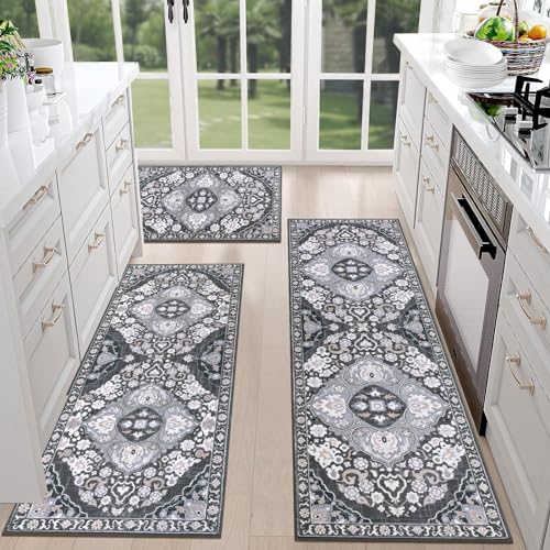 HEBE Farmhouse Kitchen Rugs Sets of 3 Non Slip Washable Boho Kitchen Rugs and Mats for Floor Kitchen Runner Rug Floor Carpet for Kitchen, Laundry, Hallways
