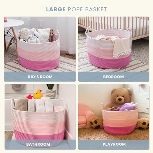 Image of OrganiHaus Round Toy Basket & Blanket Basket, Cotton Rope 20x13 inch | 3-Toned Pink - Round Cotton Rope Basket, 20x13 inch