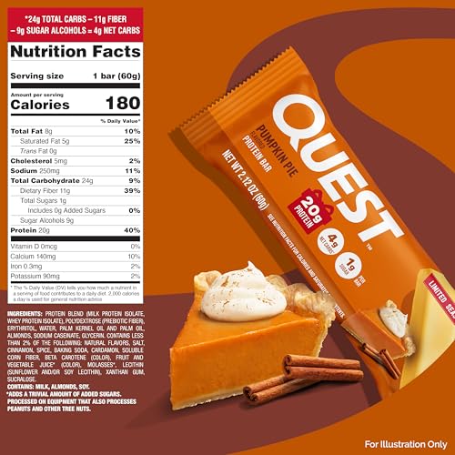 Image of Quest Nutrition Pumpkin Pie Protein Bar, 20g Protein, 12 Count | 11g Fiber, 4g Net Carbs, 1g Sugar, Gluten Free, High Quality Protein, Soft and Chewy, Individually Wrapped 2.12oz Bars