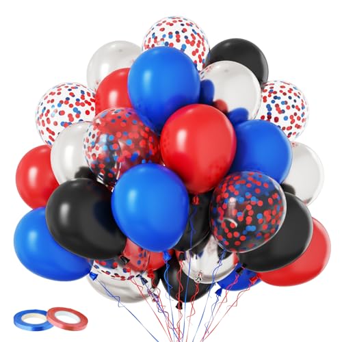 Image of Red Blue Black Balloons, 60PCS Red and Blue Party Balloons, 12Inch Metallic Silver Balloons Dark Red Blue Confetti Balloons for Boys Birthday Graduation Baby Shower Party Decorations