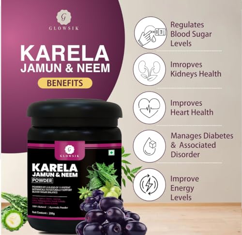 Image of GLOWSIK Karela Jamun Neem Powder with 11 Potent Herbs | Natural Sugar Management & Cholesterol Support | 100% Ayurvedic Detox Powder - 400 GMS