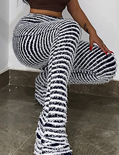 Yimoon Stacked Fuzzy Pants Women Black and White Zebra Print High Waisted Striped Y2K Leggings4