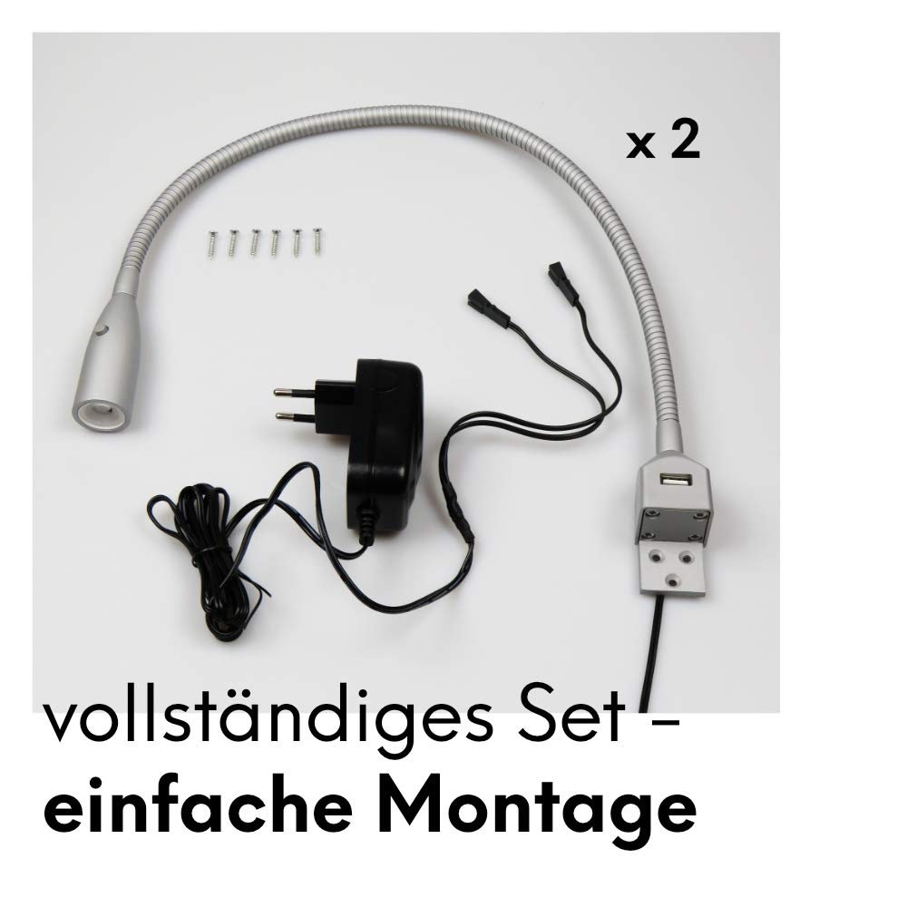 kalb Material für Möbel Flexible LED-Bettleuchte/LED-Leseleuchte mit integrierter USB Ladefunktion alu eloxiert/silbergrau (1er oder 2er Set alu eloxiert), Auswahl:2er Set silbergrau