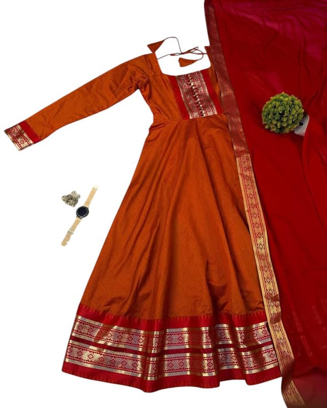 Image of Designer Silk Cotton Anarkali Orange Gown with Zari Kanchi Border Work & Contrast Weaving Dupatta | Festive Traditional Kurti Set for Women