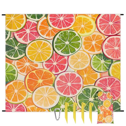 Eabrults Waterproof Sandproof Beach Blanket, 59''×68'' Colored Orange Slices Polyester Outdoor Picnic Blanket with 4 Stakes & Storage Bag for Beach,Camping,Vacation Fruit
