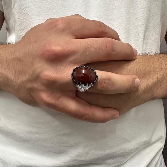 Solid 925 Sterling Silver Ring for Men Red Agate (Aqeeq) Men's Ring Turkish Handmade Agate Silver Luxury Vintage Men's Ring