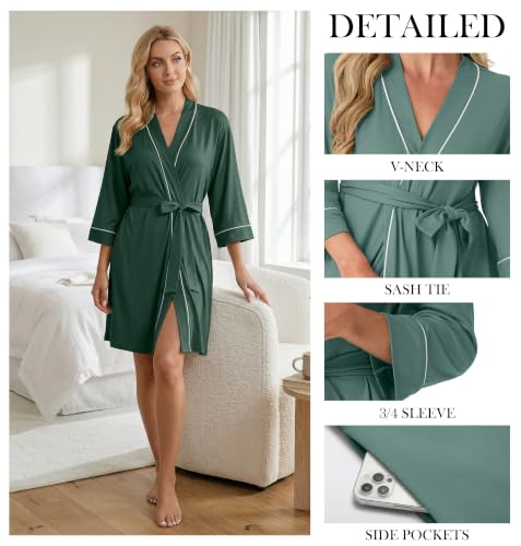 Image of PrinStory Womens Robe Knee Length Soft Knit Bathrobe S-2XL | V-Neck 3 /4 Sleeve Robes with Pockets, Lightweight, Breathable Bath Robe for Shower, Spa, Travel, Home, Party, Nursing