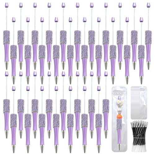 Image of 150 Pcs DIY Diamond Beadable Pen Kit - 50 Plastic Rhinestone Beaded Pens Bulk with Refills & Bags - Fancy Cute Glitter Pens for Crafting, Students & Teachers - School Supplies (Purple)