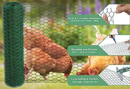 Mklsit Chicken Wire for Floral Arrangements, 15.7 x 157 Inches Green Mesh, 0.6 Inch Hexagonal Galvanized PVC Coated Netting Fence for Crafts, Poultry, Garden