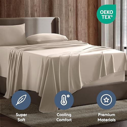 Image of Nestl Split King Bed Sheet Set - Beige Cream - 5-Piece Deep Pocket | Instantly Soft, Night-One Ready (No Wash Required). Fits 16-Inch Deep Pockets, 360-Degree Elastic Grip