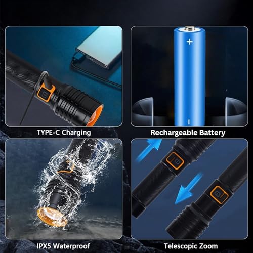 Image of WOZIT Torch Light High Power | Rechargeable Torch Light High Power |600 Lumens, 3 Modes of Brightness| Aluminum Body Flashlight, Telescopic Zoom, Search Light & Emergency Light for Home (Multicolor)