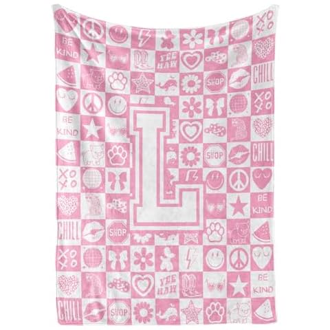InnoBeta Preppy Throw Blanket, Personalized Initial Throw Blanket, Cute Throw, Cosmetic Bedding Stuff, Birthday Gift for Daughter, Preppy Things for Girls, L Cover