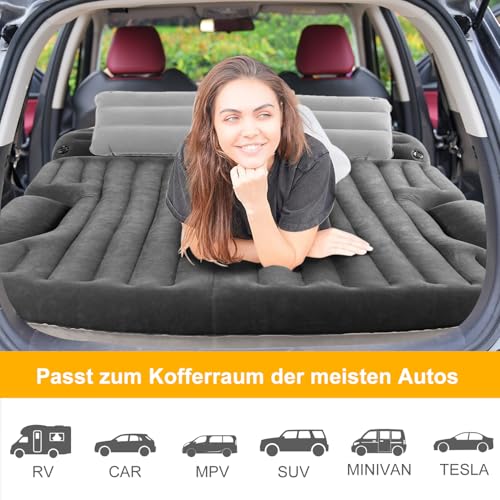 KMZ Auto Matratze, 2 Kissen Auto Luftmatratze, Doppelseitige Verdickte Beflockung Automatratze Camping Aufblasbaren Autobett für Kofferraum Rückbank (Dunkelgrau)