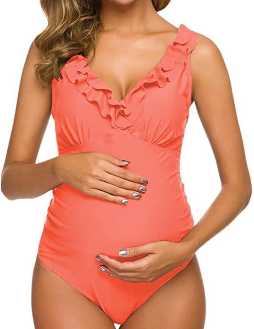 LANGWEI Maternity One-Piece Swimsuits V Neck Ruffled Pregnancy Bikini High Waist Ruched Bathing Suit